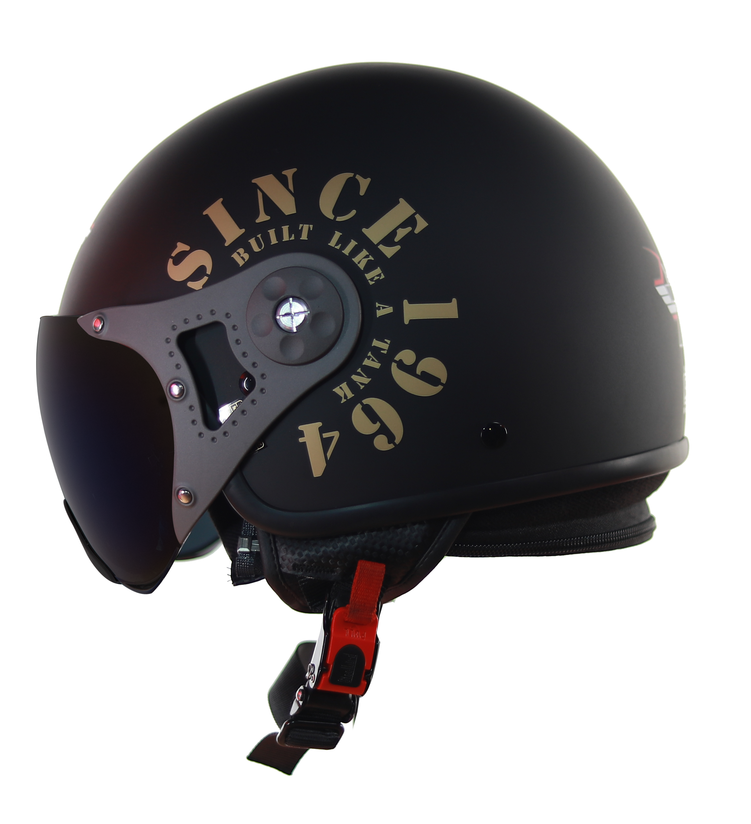 Steelbird SB-27 7Wings Tank Open Face Graphic Helmet (Matt Black Gold With Chrome Blue Visor)